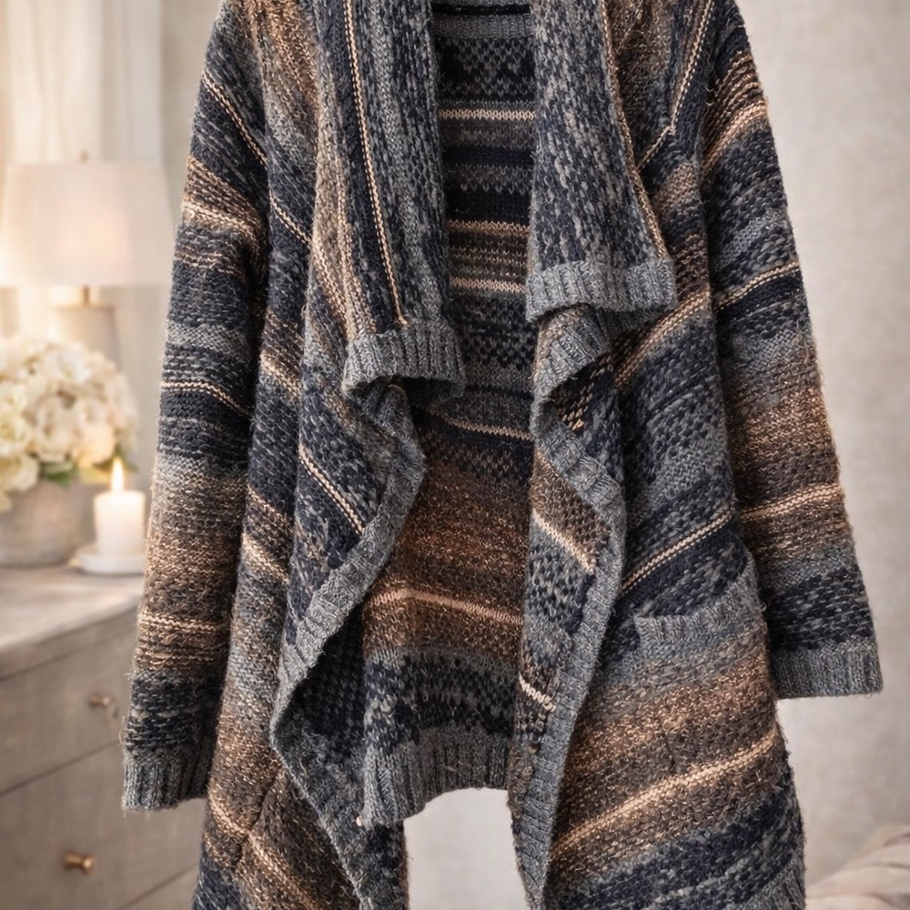 Lucky Brand Striped Open-Front Knit Cardigan - Gray & Brown